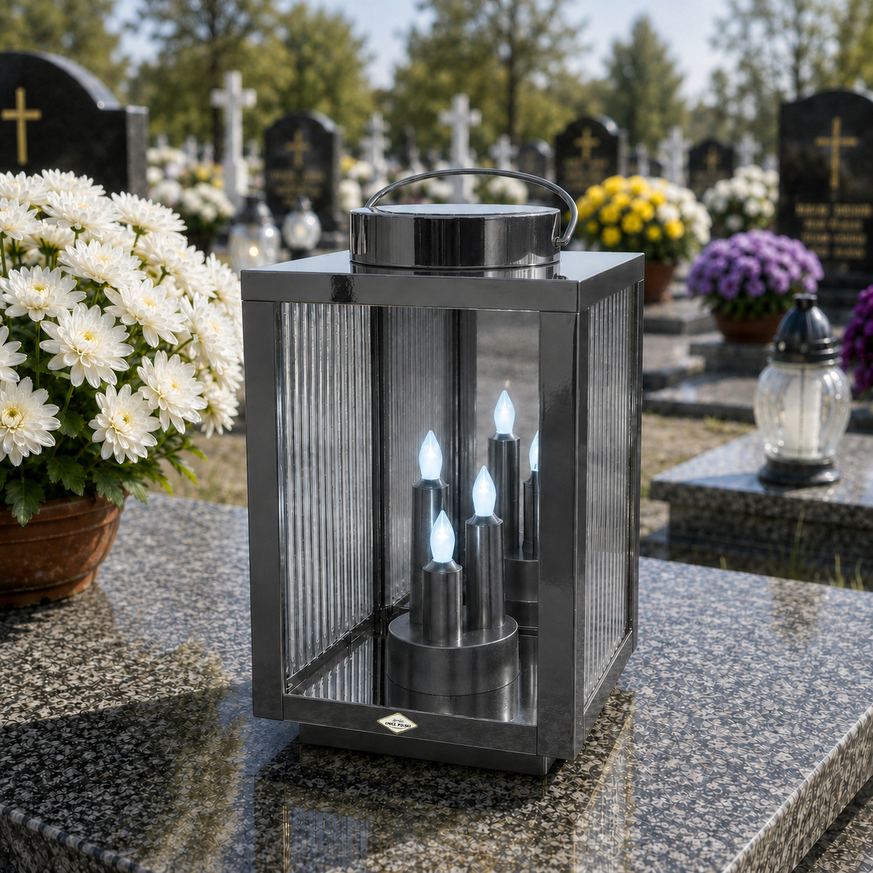 Znicz Solarny LED Premium Lampion 3 Płomienie na Cmentarz | Opcjonalna Dedykacja