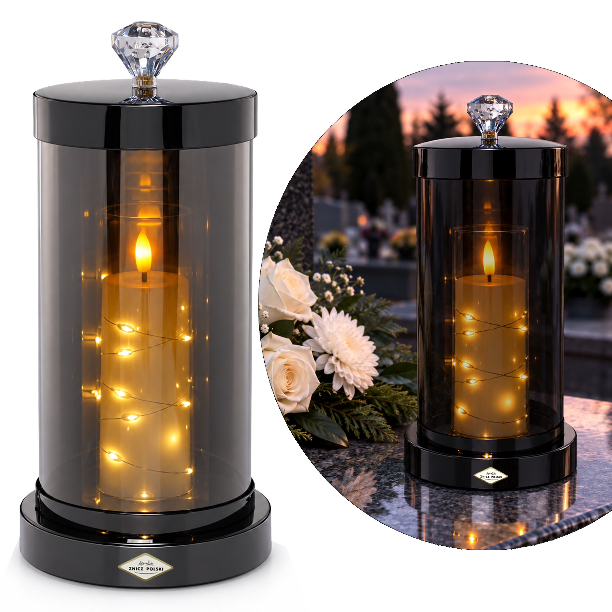 Znicz szklano-metalowy GLAM na wkład LED – 3 kolory