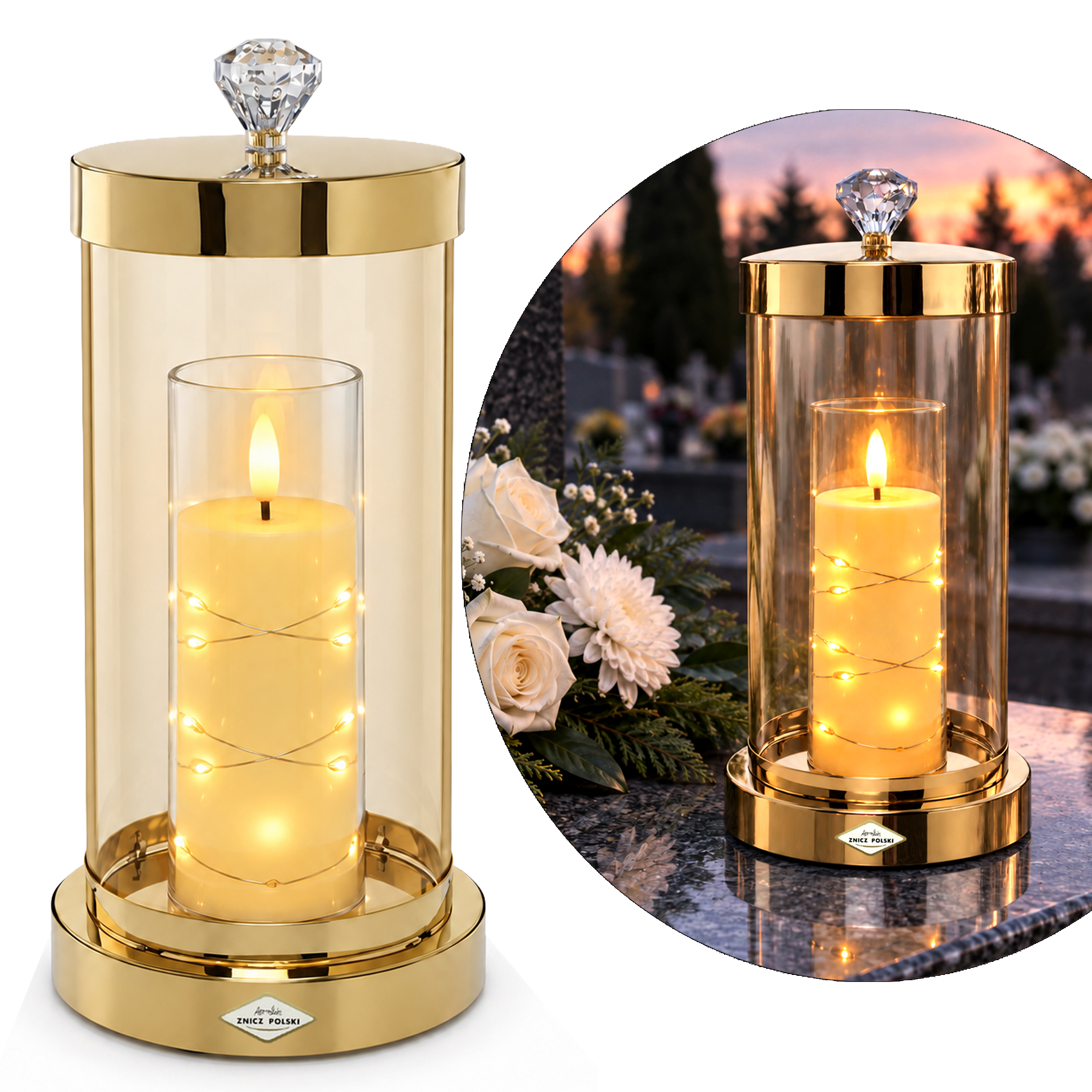 Znicz szklano-metalowy GLAM na wkład LED – 3 kolory