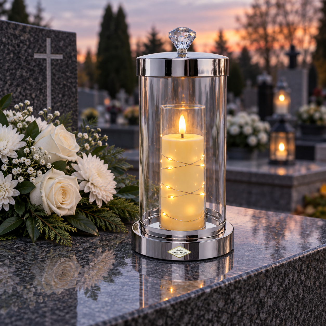 Znicz szklano-metalowy GLAM na wkład LED – 3 kolory