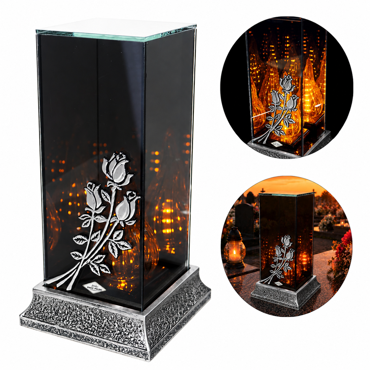 Znicz LED 3D róże premium + podstawa z żywicy | efekt nieskończoności, lampion nagrobny