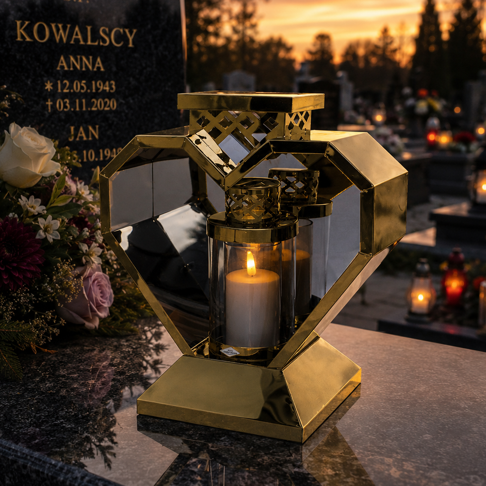 Duży metalowy znicz SERCE XL – lustro, szklana tuleja - złoty, srebrny lub grafitowy